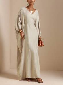 Vesra Women's Casual Vacation Style Solid Color V-Neck Batwing Sleeve Loose Long Dress, Spring/Autumn - Apricot - View 6