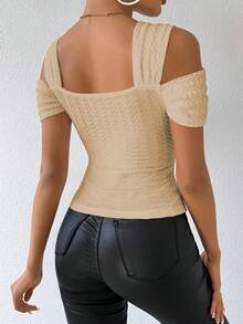 RosyDaze Áo thun ôm dáng, màu trơn, thời trang mùa hè, gợi cảm, hở vai. - Màu Khaki - Xem 2