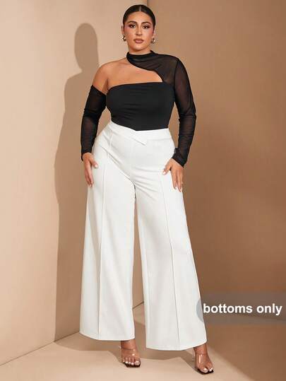 SHEIN BAE ملابس نسائية مقاسات كبيرة، متعددة الاستخدامات، بنطلون أبيض نقي عالي الخصر واسع الساق، مصمم بخصر مريح، طراز بسيط، مناسب للحفلات أو الارتداء اليومي
