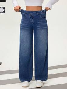 Flexra Quần jeans nữ dáng rộng, cạp không đối xứng - Rửa trung bình - Xem 4