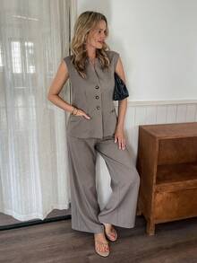 Vivie Lora Women's Striped Sleeveless Top And Pants 2 Pieces Set Summer Lounge Sets For Women Short Sets For Women - Grey - View 6