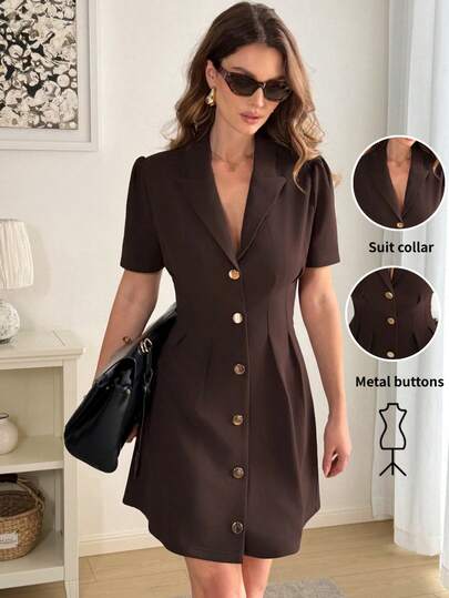 Easowa 优雅短袖西装裙，棕色收腰女士迷你连衣裙