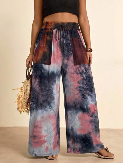 Freevana Plus Size Women Tie-Dye Print Elastic Waist Wide Leg Pocket Pants