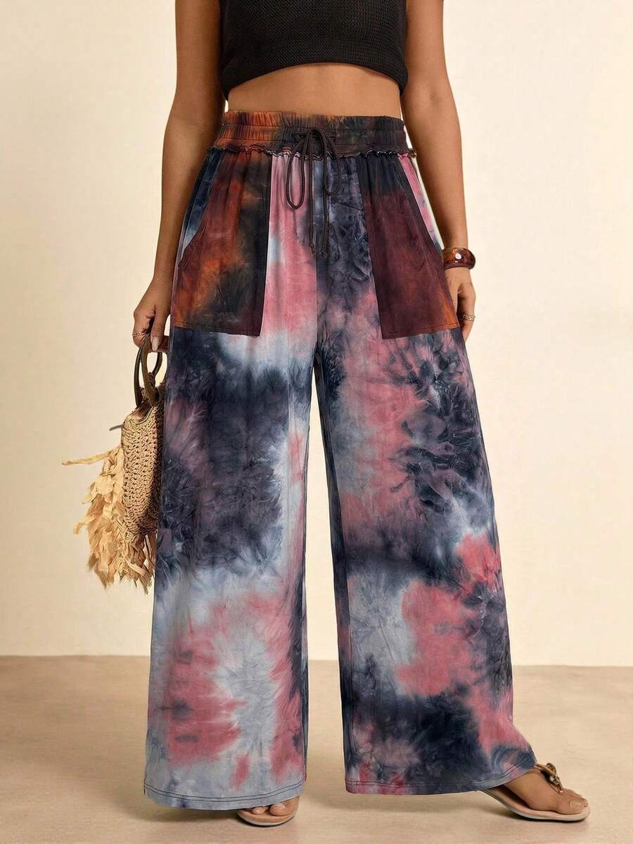 Freevana Pantalones anchos con bolsillos, cintura elástica y estampado de teñido anudado para mujer de talla grande - Rosa - Ver 1
