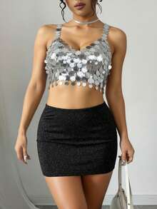 Crop top blusa lentejuelas grandes dama mujer - Plateado - Ver 3