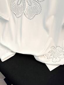 Resyla 法式夏季上衣，女士白色T恤，女士水钻T恤，白色户外T恤，亮面T恤，夏季上衣，白色百搭时尚上衣，宽松T恤，夏季户外白色T恤 - 白色 - 查看 4