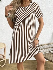 Boho Mama 孕妇条纹圆领短袖连衣裙 - 咖啡 - 查看 5