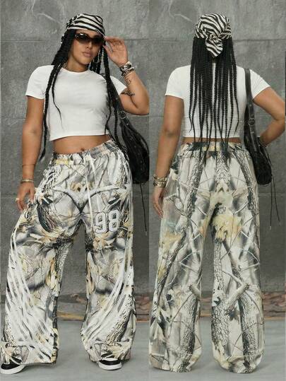 Grunge Punk Plus Size Tree Branch Striped Wide Leg Pants