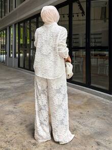 DAZY Women's Collared Jacquard Single-Breasted Long Sleeve Top And Wide-Leg Pants Fashion Casual Outfit - White - View 2