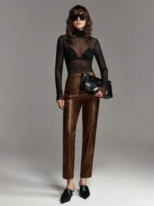 Ontre 女士PU皮革修身长裤，适合都市通勤、商务休闲、办公室穿着、优雅派对、婚礼宾客装扮、夏季、情人节、新年等场合，时尚休闲下装 - 棕色 - 查看 6