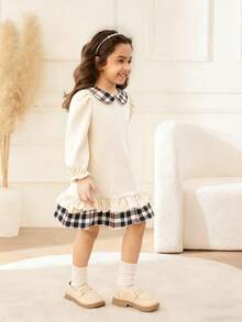 Đầm dài tay cổ kẻ caro phối nhiều mảnh, kiểu dáng thường ngày, tay bồng, dành cho bé gái. - Màu be - Xem 5