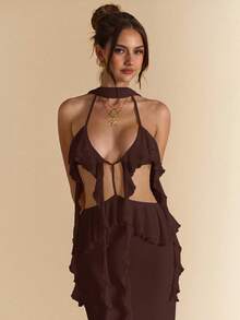 SHEIN BAE Rochie elegantă de vacanță, cu spate decoltat, cu volane albe și caisă, rochie de vară boemă, ținută de concert pentru femei - cafea maro - Vizualizare 7