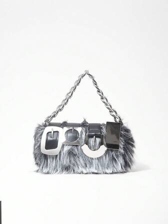 Grunge Punk Borse da donna stile anni 2000, borse da motociclista punk con borchie, borse a catena in metallo, borsellini in pelliccia, portafogli autunno e inverno (motivo casuale)