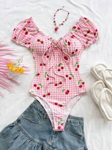 Soleia Body à volants avec imprimé cerises et carreaux, à nouer devant pour femmes en vacances - Multicolore - Voir 5