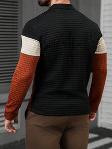 Manfinity CasualCool 男士休闲纹理撞色 Polo 衫，黑橙拼接，男士长袖针织衫，男士 Polo 衫，长袖，复古风格，适合日常休闲、周末旅行、户外活动、探险旅行、轻松的工作环境，可作为男友/丈夫礼物、周年纪念/生日礼物、派对、暑假、新年、婚礼、情人节等场合穿着。 - 彩色 - 查看 2