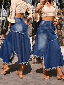 Breezaya Falda vaquera con bajo asimétrico para mujer - Azul lavado medio - Ver 2