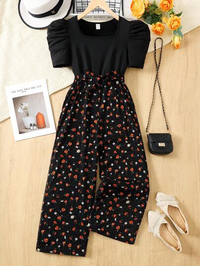 SHEIN Mono elegante de cuello redondo con mangas abullonadas, unicolor, parche y estampado floral diminuto para niña preadolescente