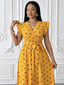 Maweii Plus Size Women V-Neck Waist Flare Dress, Butterfly Sleeve With Belt, Black And White Vertical Striped Dress - Yellow - View 4