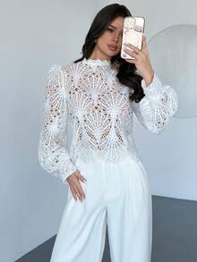 Firerie Women's Elegant Romantic Delicate Atmosphere New Year Party Valentine's Day Date Mandarin Collar Lace Sheer Lantern Sleeve White Blouse - White - View 5