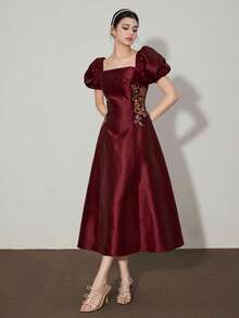 Modelyn Women's Floral Embroidery Pattern Elegant Waist Cinched Midi Party Dress With Puff Sleeves - Burgundy - View 4