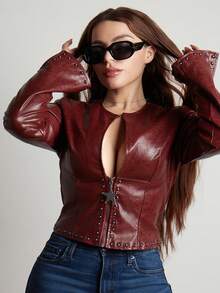 Lupita Cardoza Wine Red Street Style Long Sleeve Leather Jacket,Leather Jacket,Burgundy ,Punk,,Fall Clothes For Women,Winter,Cropped Jacket,Streetwear, - Burgundy - View 5
