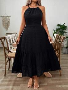 Breezaya Plus Size Casual Solid Color Backless Halter Neck Dress, Summer - Black - View 6