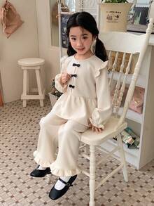 DAZY Young Girls Round Neck Bow Ruffle Trim Long Sleeve Sweatshirt And Casual Ruffle Trim Flared Pants Set - Apricot - View 4