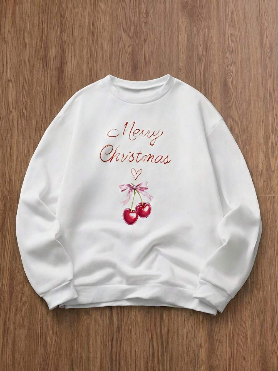 Manfinity VCAY 男士圣诞图案樱桃印花卫衣。宽松套头衫，长袖上衣 - 白色 - 查看 1
