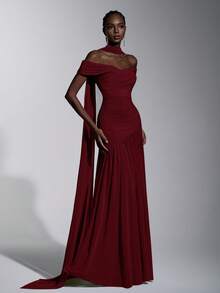 Elitara Đầm dáng chữ A bất đối xứng, màu xám thanh lịch, tối giản, hở vai, xếp ly, xẻ tà cao, thích hợp cho đám cưới, sự kiện trang trọng, dạ hội và tiệc cocktail. - Màu Đỏ Sâu - Xem 7