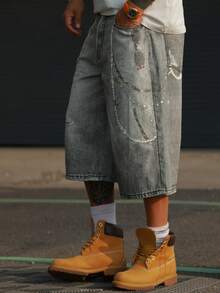 DAZY Men's Distressed Washed Grey Patterned Digital Print Denim Shorts, Summer - Grey - View 3