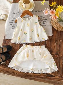 Emery Rose Kids Emery Rose Kids 两件套少女碎花蕾丝边无袖上衣和裙子套装 - 彩色 - 查看 5