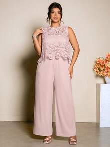 Cravure 春夏新款水溶蕾丝边吊带背心+阔腿连体裤女装套装，优雅精致，时尚百搭，适合工作或鸡尾酒会等场合，经典款式 - 粉色 - 查看 5