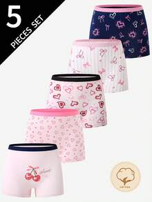 5pcs Girls' Heart & Bow Minimalist Cute Multi-Color Cotton Printed Panties Set - Multicolor - View 6