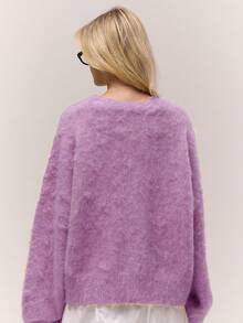 MUSERA Women Deep Purple Fuzzy Knit Loose Relaxed V Neck Button Down Cardigan,Autumn Casual Brunch Old Money Cottage Core Back To School Valentines Spring - Mauve Purple - View 3