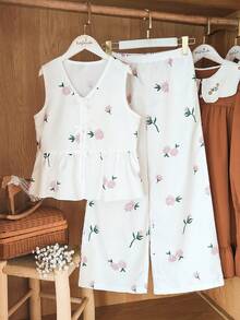 Vintaside Kids Bộ 2 món cho bé gái, gồm áo tank top không tay in họa tiết hoa và quần cạp chun. - trắng - Xem 3