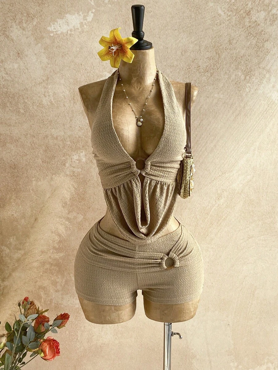 Soleia 女士度假休闲露背吊带上衣和短裤两件套 - 卡其色 - 查看 1