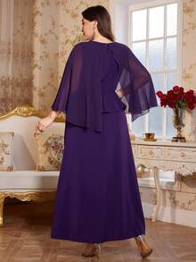 Reflora Curvy Plus Size Women's Elegant Purple Summer Formal Wedding Dress,Chiffon Batwing Sleeves Rhinestone Fake Two-Piece Prom Ball Gown,Luxury - Purple - View 2