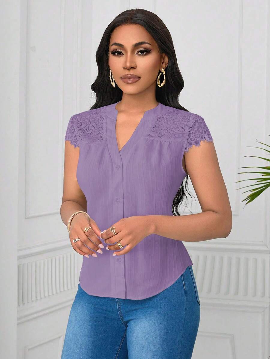 Lunelith SHEIN Lunessa 优雅蕾丝拼接波浪条纹短袖女式衬衫 - 紫色 - 查看 1