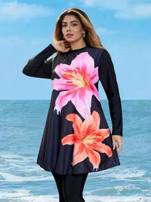 Swim Shayni 大码女式两件套长袖长裤印花布基尼套装 - 黑色 - 查看 7