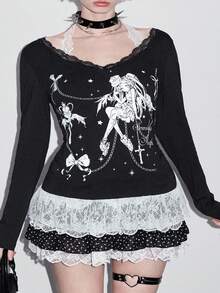 ROMWE Áo thun dài tay ren họa tiết hoạt hình tối màu cỡ lớn cho nữ (Bao gồm áo hai dây ren và viền ren vá) - màu đen - Xem 6