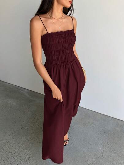 Aloruh Women's Coffee Color Spaghetti Strap Jumpsuit Dress ,Summer Dress