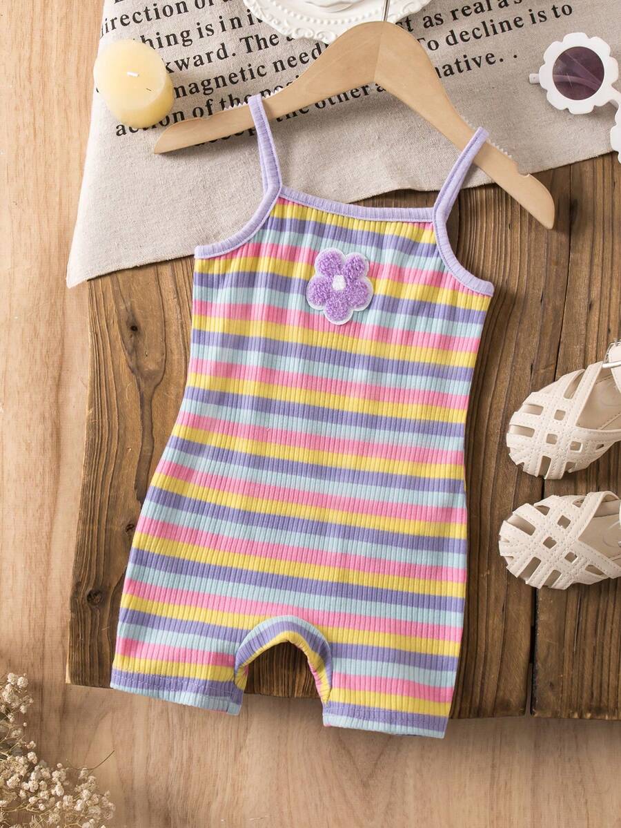 Babygirl Cute Casual Knit Striped Floral Pattern Camisole Romper - Multicolor - View 1