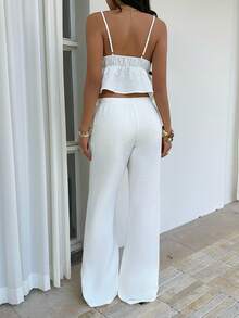 Sunnyshic 2pcs/Set Women's White Cotton Pleated Plaid V-Neck Backless Bow Decor Ruffle Hem Vest And High Waist Straight Leg Wide Leg Pants, Elegant Casual Beach Holiday Outfit, Spring/Summer - White - View 2