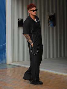 DAZY Men's Letter Embroidered Black Short Sleeve Shirt With Jacket Set, Spring/Summer - Black - View 6