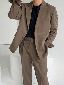 DAZY 男士棕色修身西装套装，适合通勤，春秋季穿着 - 棕色 - 查看 2