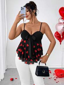 Elenzga Camiseta ajustada elegante y casual con parches de malla con forma de corazón y decoración de moño, adecuada para una cita en el Día de San Valentín, dulce pero ligeramente sexy