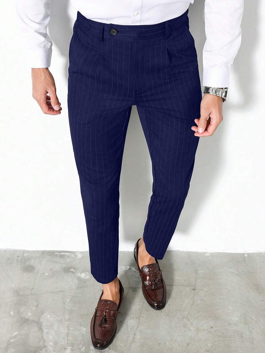 Calvornis Men's Casual Commuter Striped Tapered Suit Pants - Navy Blue - View 1