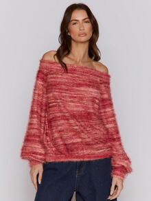 MUSERA 露肩超大款条纹针织毛衣，适合休闲外出、秋季、夜晚约会、春夏等各种场合，舒适又优雅。 - 紅色 - 查看 1