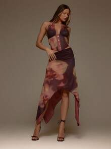 MUSERA 低腰印花网纱不对称尖角下摆宽松中长裙，情人节性感可爱派对浪漫夜晚外出场合度假夏季 - 彩色 - 查看 1