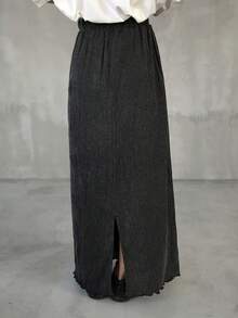 FRIFUL 女士纯色弹力腰开衩下摆休闲半身裙 - 灰色 - 查看 3